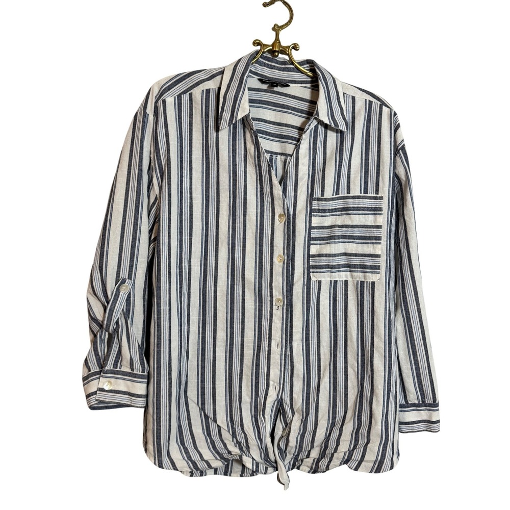 Club Z Collection Womens 1X Blue White Striped 3/4 Sleeve Button‎ Down Top